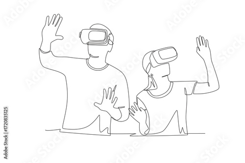 Friends playing at a vr center concept one-line drawing