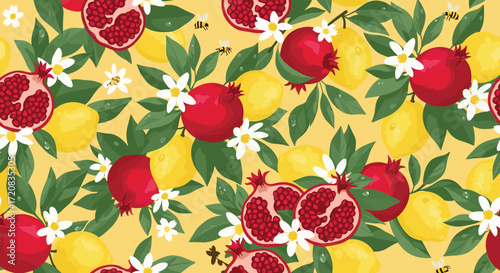 A vibrant citrus and pomegranate pattern with lush green leaves and delicate white flowers.