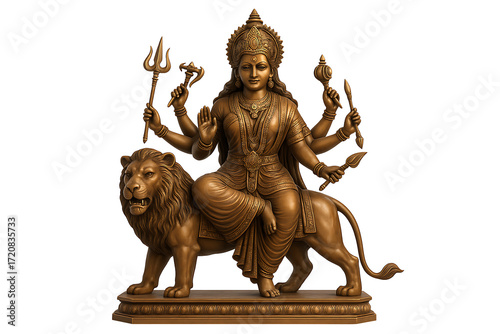 Golden statue of goddess durga seated on lion with multiple arms holding trident axe conch lotus and weapons symbolizing hindu spirituality devotion power victory and blessings