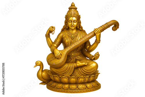 Golden statue of goddess saraswati seated on lotus holding veena with swan symbolizing hindu goddess of knowledge wisdom learning music arts spirituality devotion and blessings
