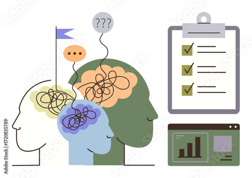Abstract human heads with tangled lines represent complex thinking, paired with checklist and data chart for clarity. Ideal for decision-making, problem-solving, mental health, organization