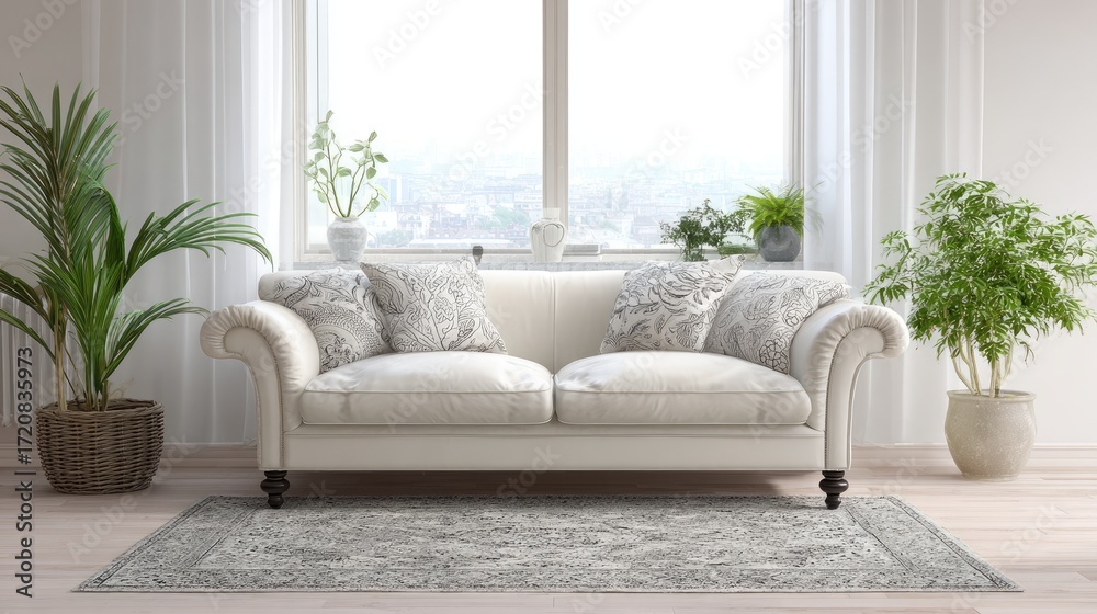 Fototapeta premium Cozy and Elegant Living Room with White Leather Couch, Decorative Pillows, Indoor Plants, and Natural Light Streaming Through Windows