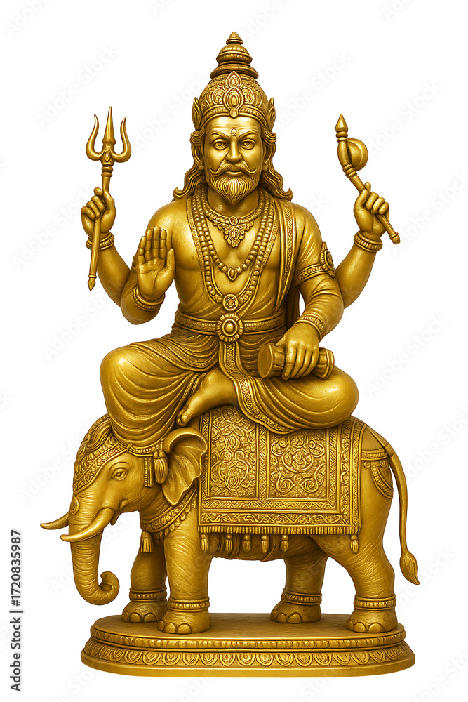 Fototapeta premium Golden statue of lord vishwakarma seated on decorated elephant with sacred symbols representing hindu god of architecture craftsmanship engineering creativity