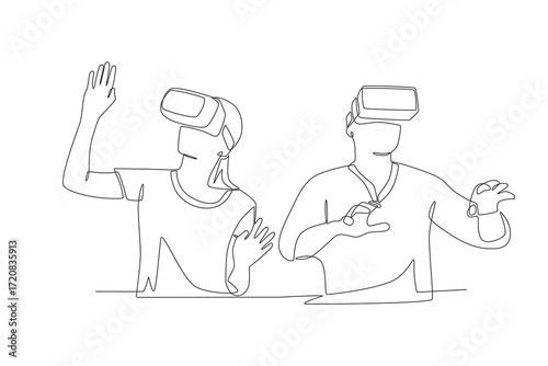 Friends playing at a vr center concept one-line drawing