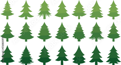 Collection of pine tree vector illustrations, evergreen fir silhouettes, Christmas holiday forest elements, seasonal green conifer icons, nature decorative design