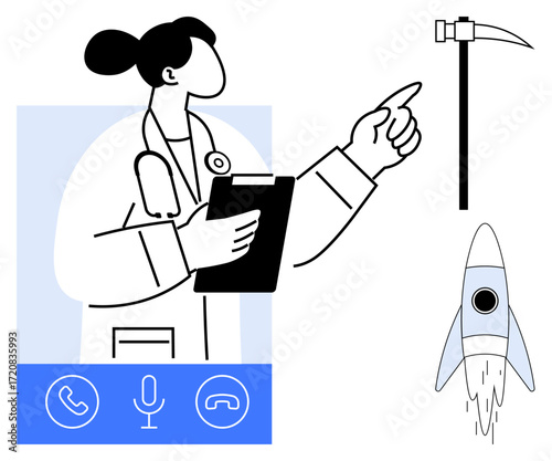 Female doctor with clipboard pointing towards mining pickaxe and rocket, icons at the bottom representing remote communication. Ideal for telemedicine, innovation, progress, healthcare, exploration
