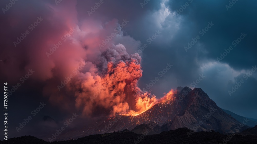 Fototapeta premium A dramatic volcanic eruption fills the sky with fiery orange and red hues as ash clouds rise above the rugged mountain landscape during twilight. Nature showcases its immense power.
