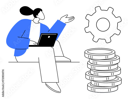 Woman seated with a laptop gesturing towards a gear and stack of coins. Ideal for teamwork, technology, efficiency, investment, operations, business strategy, and productivity. Simple flat metaphor