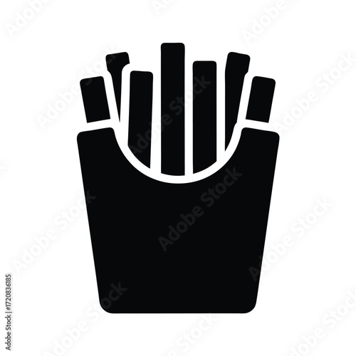 Simple black silhouette glyph icon of crispy french fries perfect for food branding and restaurant menus