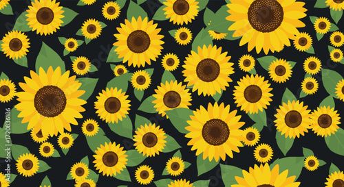 A vibrant sunflower pattern with lush green leaves set against a dark background.
