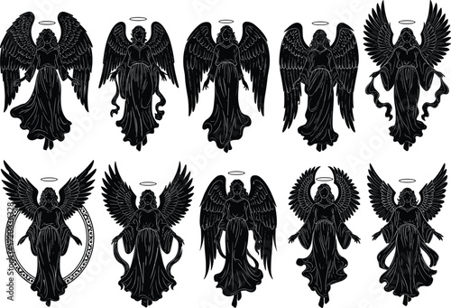 Set of elegant angel silhouettes with wings and halos, vintage celestial spiritual guardian illustration collection for tattoo, art and design