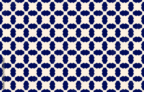 A seamless geometric pattern with batik shapes in a regular grid creates a modern abstract background.