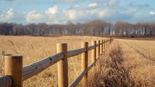 Countryside wooden fence with natural dry grass meadow and cloudy dramatic sky, rustic farmland view extending into distance, outdoor background with depth, calm rural environment and perspective