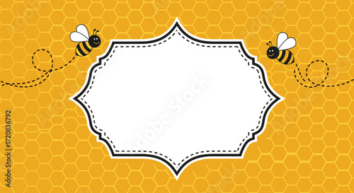 Adorable bees flying around a blank ornate frame on a honeycomb background.