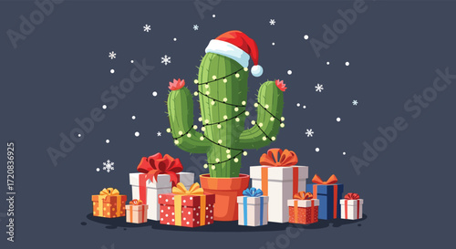 Festive cactus adorned with christmas lights wearing a santa hat surrounded by presents.