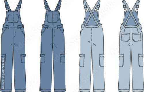 Denim overall pants fashion flat sketch, technical clothing vector template with pockets, straps and stitching details, front and back view design