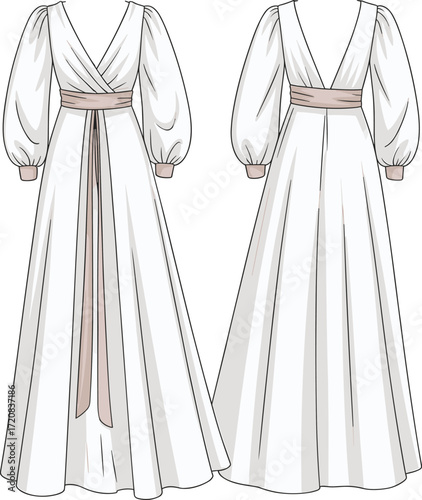 Elegant long sleeve maxi dress fashion flat sketch, technical drawing template, women’s clothing design, front and back apparel illustration