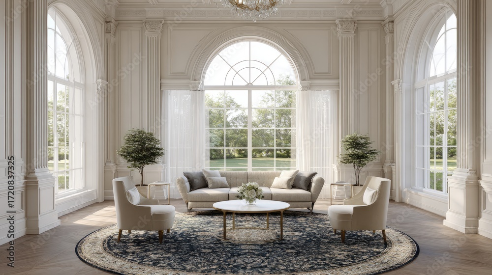 Fototapeta premium Elegant and Spacious Modern Living Room Design with Large Windows and Luxurious Finishes