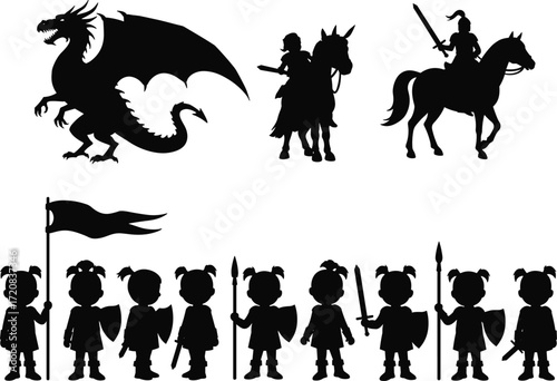 Fantasy dragon silhouette with medieval knights on horseback and warrior army, battle scene vector illustration, mythical creature fight design artwork