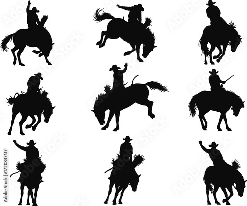 Silhouette cowboy riding wild horse, rodeo rider illustration, western cowboy art, cowboy on bucking bronco, cowboy rodeo competition vector design