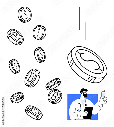 Coins with dollar and bitcoin signs cascading alongside doctor holding medication. Ideal for healthcare costs, cryptocurrency, investment, medicine, innovation, economy, simple flat metaphor