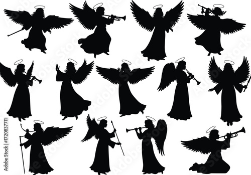 Angel silhouette collection with wings and halos, trumpet and harp playing holy figures, religious divine vector art for decoration