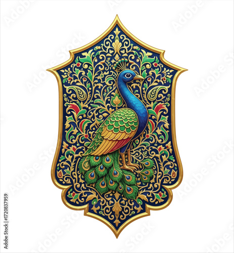 Elegant Peacock Illustration With Ornamental Gold Frame Detailed Vector Design On White Background