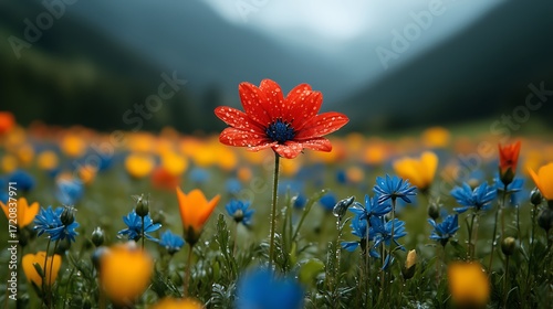 Close-Up of a Vibrant Red Flower (Covered in Tiny Water Drops): Deep Blue-Purple Center, Soft Blurred Background of Colorful Flower Field (Blue/Yellow/Orange)