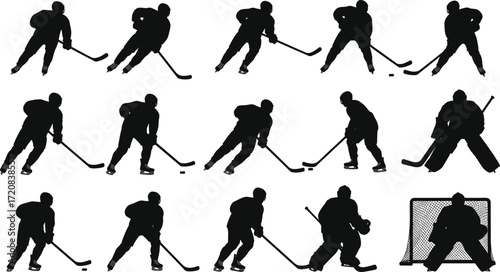 Set of ice hockey player silhouette vector illustrations, goalie with net, skating athletes in action poses, sports clipart black icons