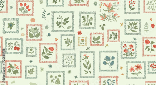 A delicate floral pattern with small framed botanical illustrations in muted tones of red green and blue on a cream background.