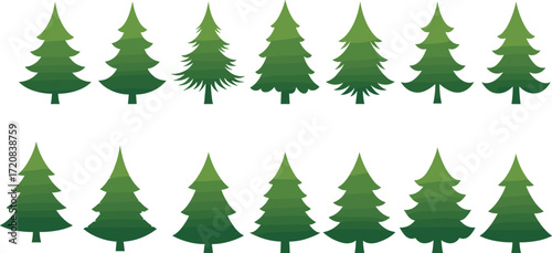 Set of pine tree vector illustrations, evergreen fir silhouettes, decorative Christmas forest design elements, green conifer icons, holiday seasonal nature art