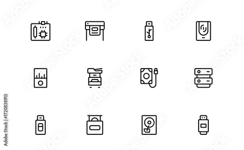 Modern Computer Line Icon Collection Featuring Minimalist Technology Graphics, Unique Vector Symbols, Professional Style Icons for Software and Hardware Themes, Clean Design