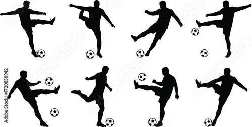 Soccer player silhouettes performing football kicks, sports athlete training action, dynamic movement illustration, competitive game vector design, fitness practice artwork