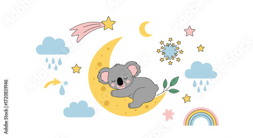 A cute sleeping koala rests peacefully on a crescent moon surrounded by stars clouds and a rainbow.