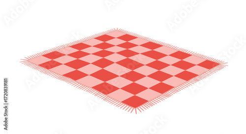 A red and white checkered picnic blanket with fringed edges is spread out on a white background. This offers a festive and vibrant visual for outdoor dining.