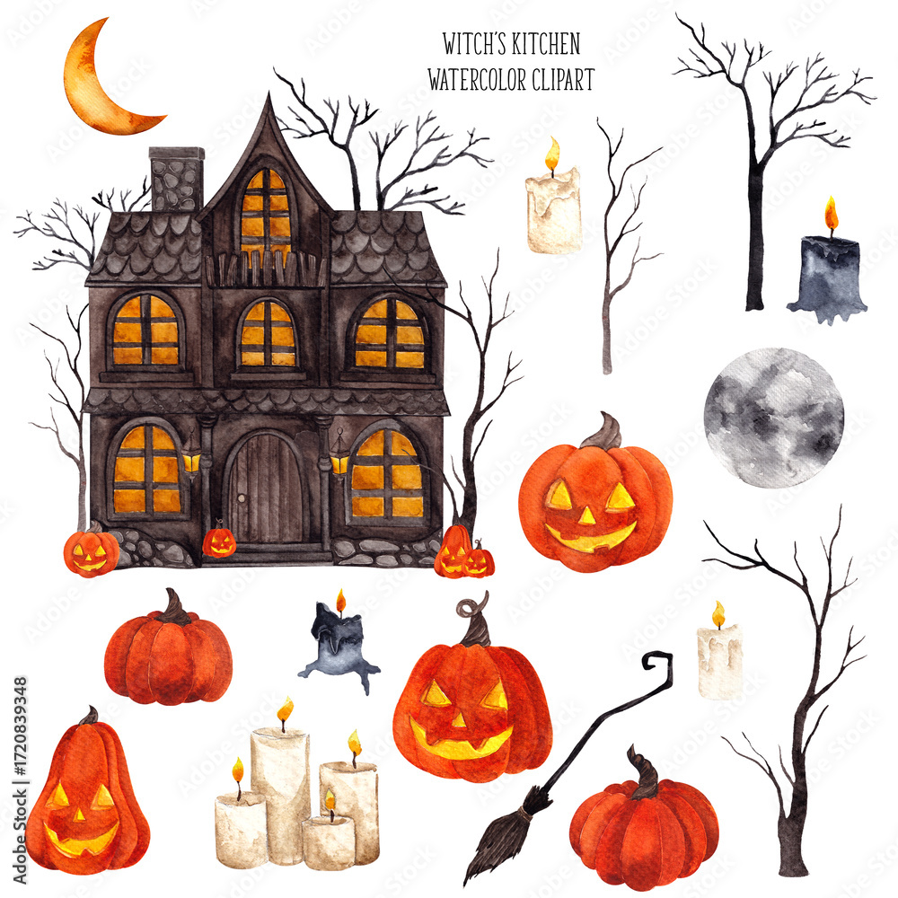 Fototapeta premium Watercolor hand draw Halloween illustration with witches house interior, house, pumpkins, fireplace, spooky clipart, dark house, isolated on white background