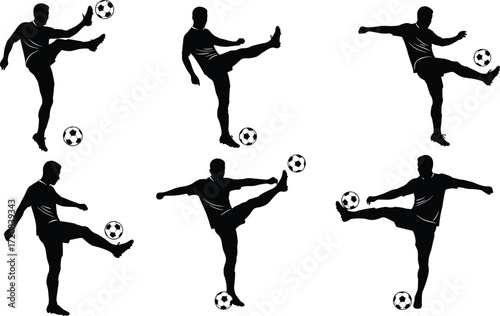 Soccer player silhouettes, football athlete kicking ball, sportsman vector, team sport illustration, running man artwork, competitive game design, training action pose