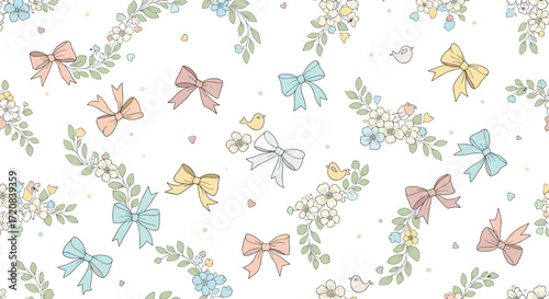 A charming pattern of pastel bows and delicate foliage adorns this lovely design.
