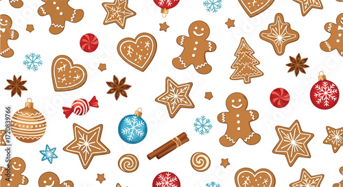 A delightful pattern of festive gingerbread cookies and holiday ornaments scattered across a white background.