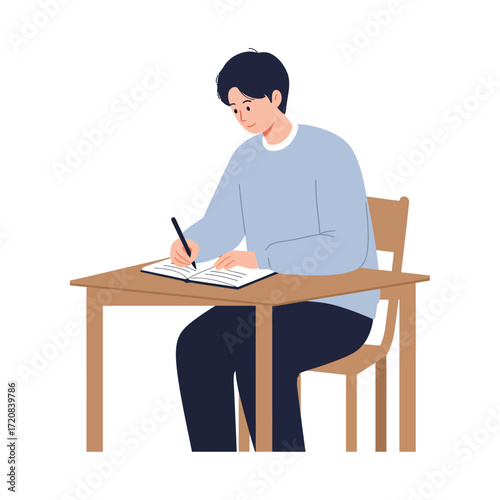 Vector art of teenage boy sitting at a wooden table, writing in a notebook