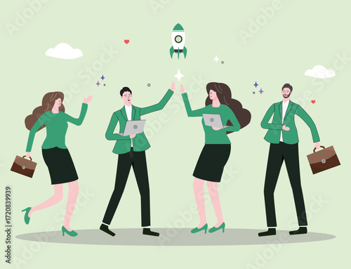 Two high-fives symbolize teamwork and shared success, while a rocket launch with sparkles highlights progress, innovation, and employee appreciation in a supportive work culture.