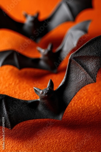 Black plastic bats flying on a vibrant orange textured surface, creating a spooky and festive Halloween concept