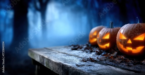 Three glowing jack o' lantern pumpkins sitting on a rustic wooden table in a foggy, dark forest at night, depicting Halloween