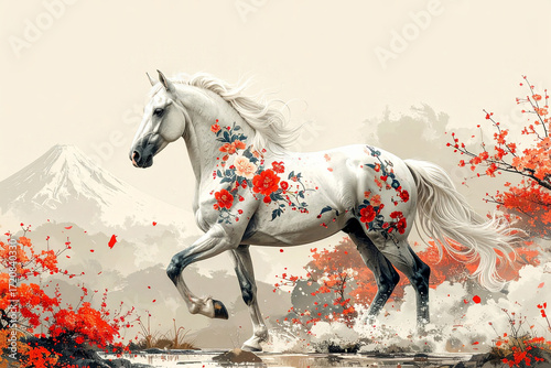 馬の水彩画アート,和柄の馬のアート,午年イメージ,Generative AI,AI画像