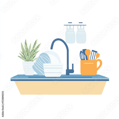 Clean dishes stacked in a modern kitchen sink area