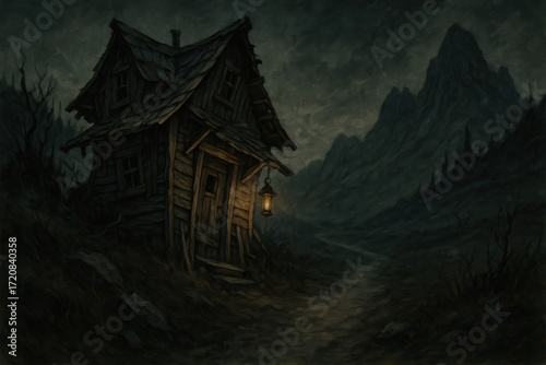 A solitary cabin stands weathered against a backdrop of majestic mountains, under a moody, atmospheric sky, invoking a sense of mystery and remoteness. 