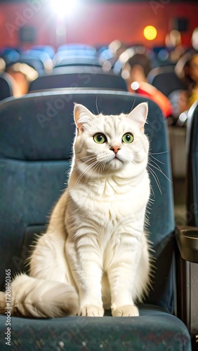 White cat sits in movie theater seat