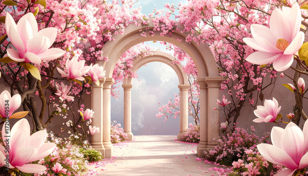 Fototapeta premium Pink magnolia blossoms archway garden pathway cherry blossoms stone archway