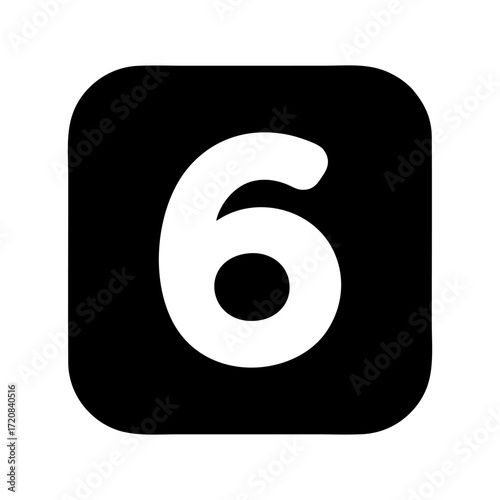 The number six in a white, rounded font, centered inside a black square with rounded corners on a white background.