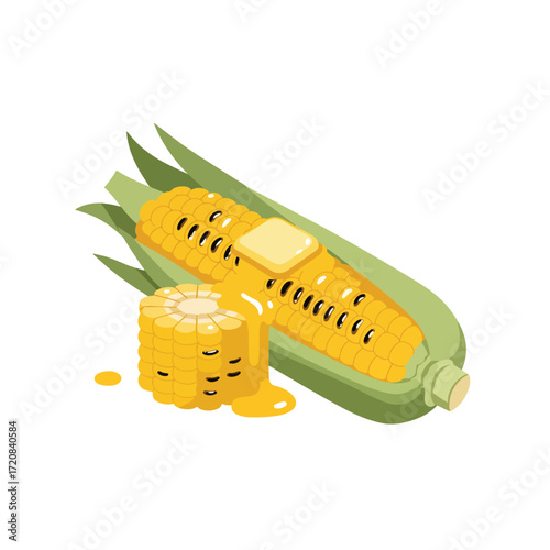 Vector Illustration of Corn on the Cob with Butter in Modern Organic Style Bright Yellow and Green Colors